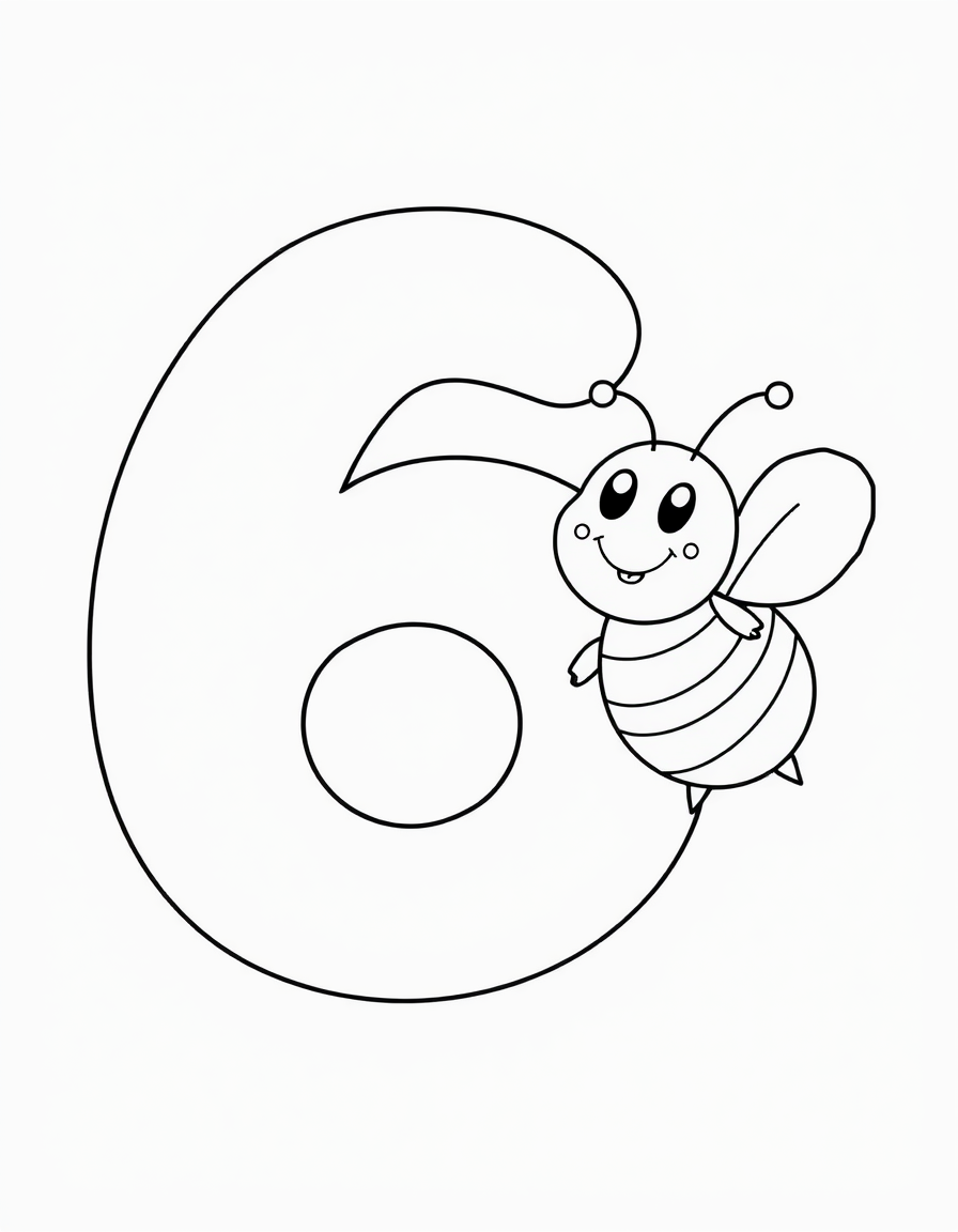 Number 6 With a Bumblebee black and white line art