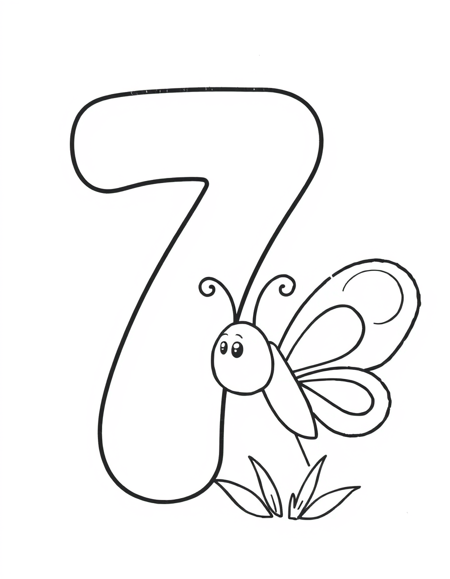Number 7 With a Butterfly black and white line art