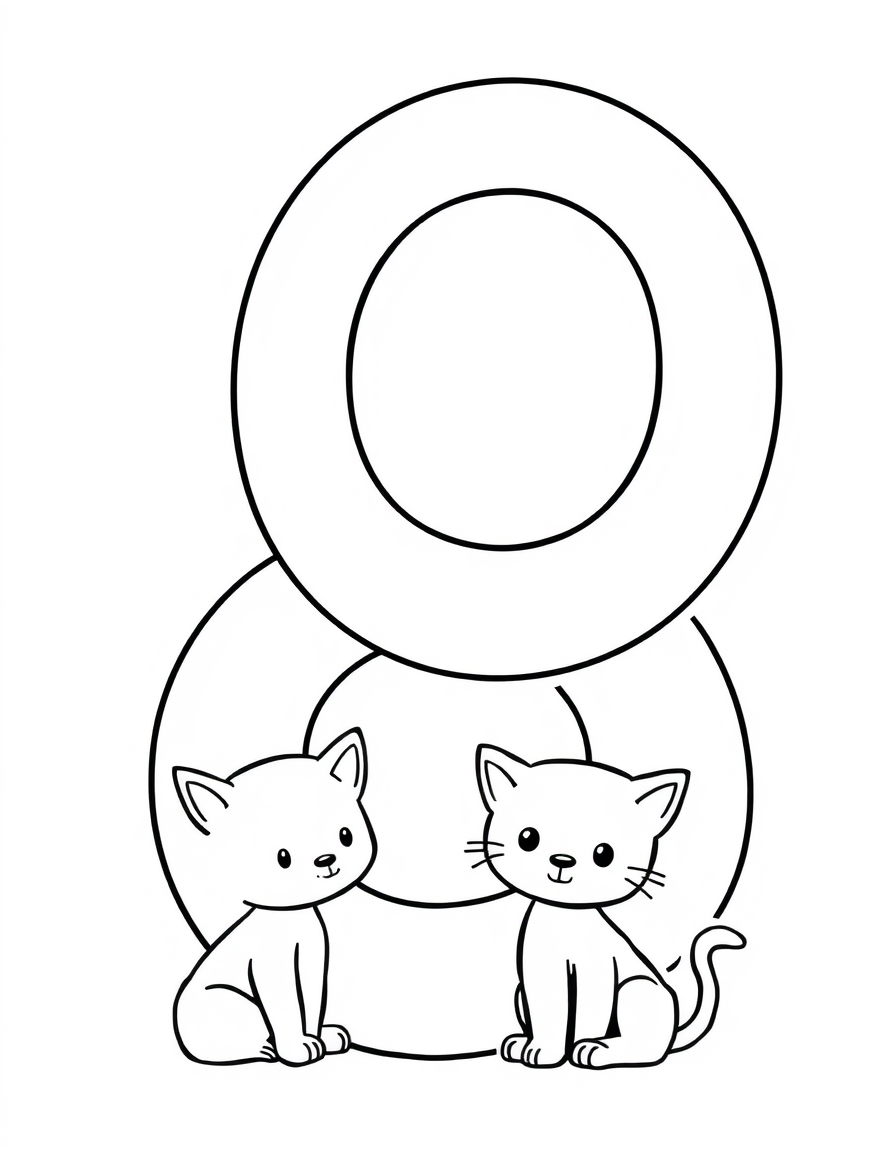 Number 8 with kittens black and white line art