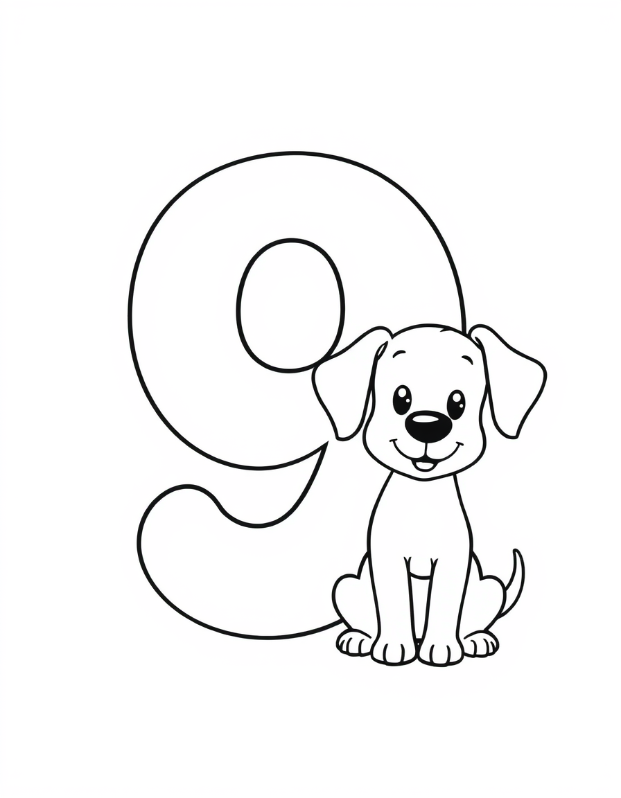 Number 9 With a Puppy black and white line art