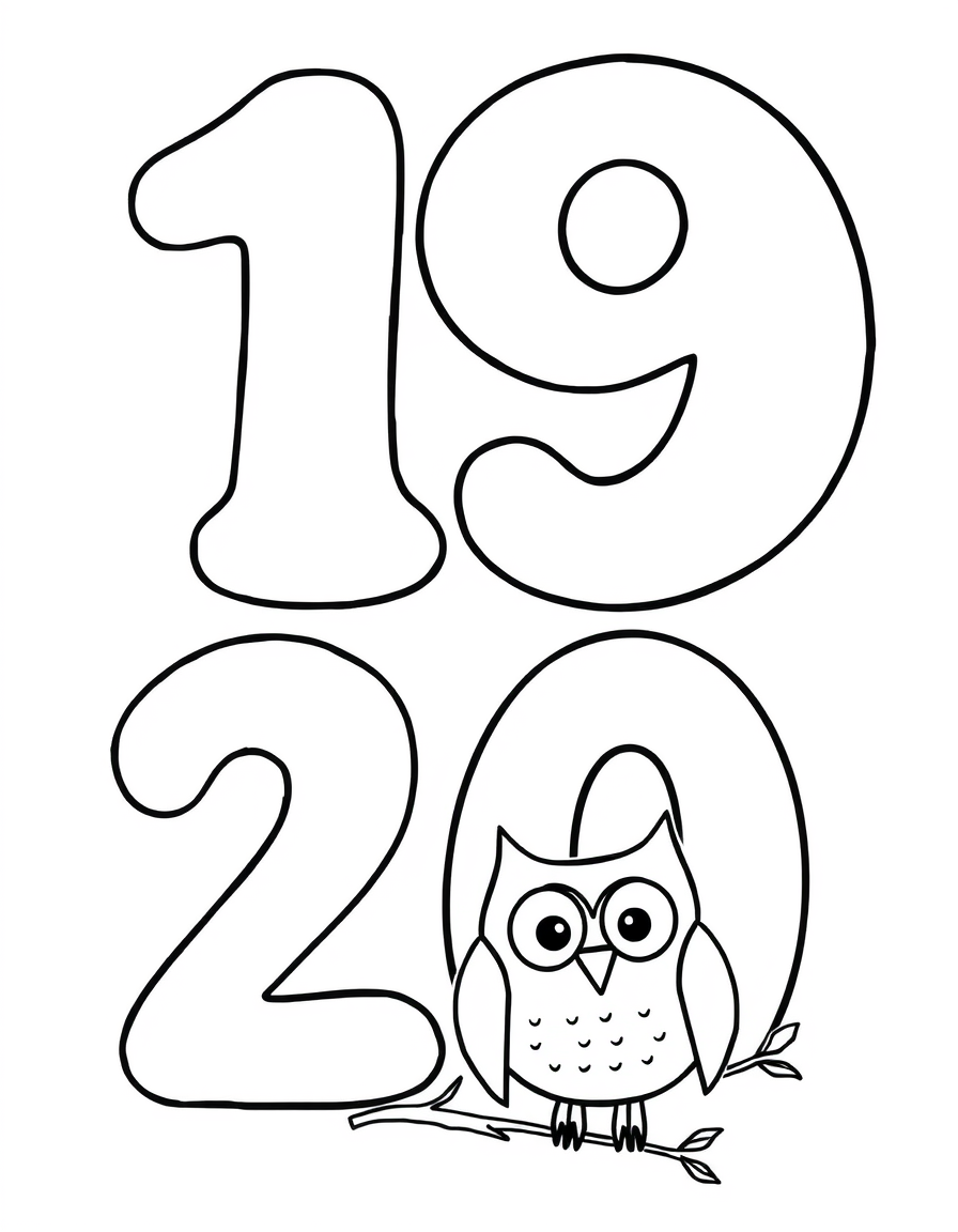 Numbers 19 and 20 With an Owl black and white line art