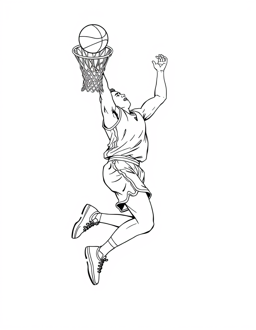 Player Making a Slam Dunk black and white line art