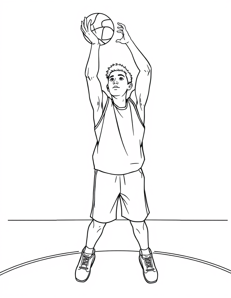 Player Shooting a Three Pointer black and white line art