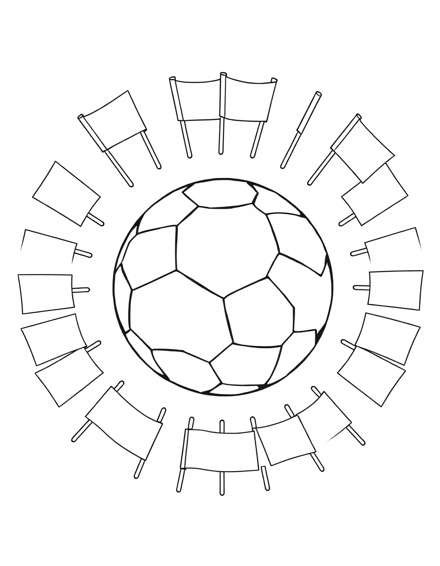 Soccer Ball Surrounded by World Flags black and white line art