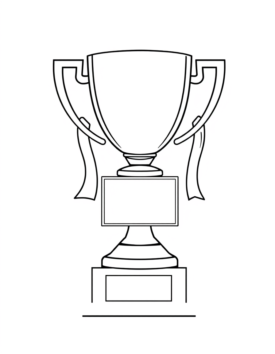 Soccer Trophy With Ribbons black and white line art