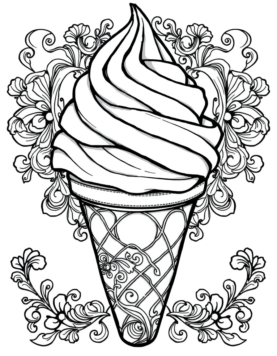Black and white coloring page of a soft serve swirl ice cream cone