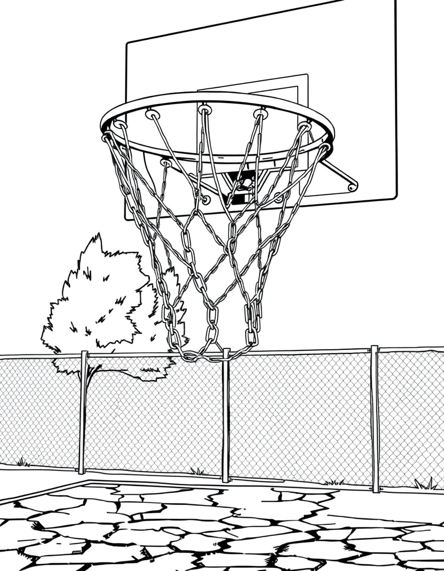 Street Court With a Chain Net black and white line art