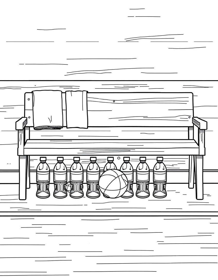Team Bench and Water Bottles black and white line art