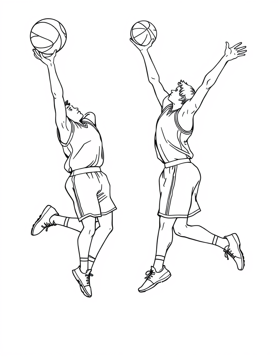Two Players Blocking a Shot at the Rim black and white line art