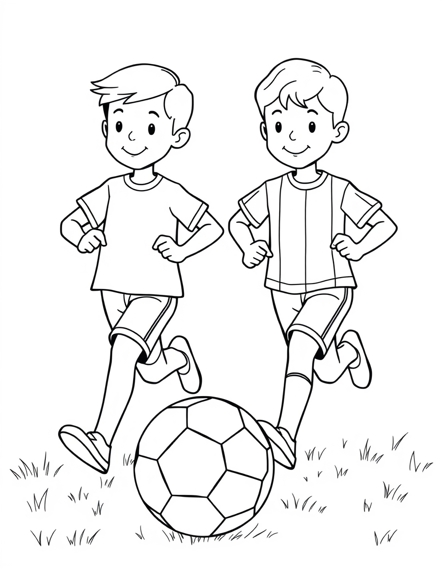 Two Players Racing for the Ball black and white line art