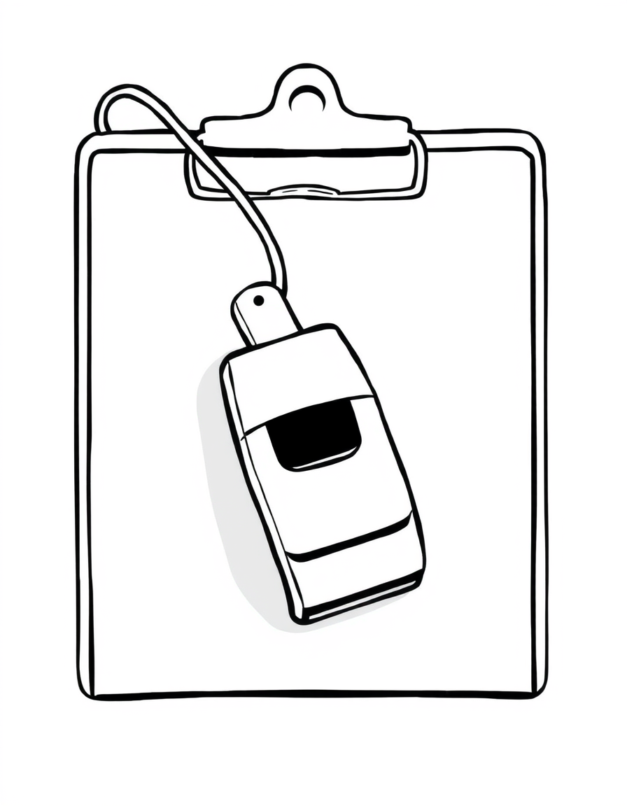 Whistle and Coach's Clipboard black and white line art