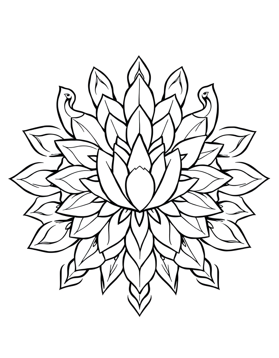Lotus Mandala With Swans Forming The Outer Border Ring Coloring Page - free printable coloring page