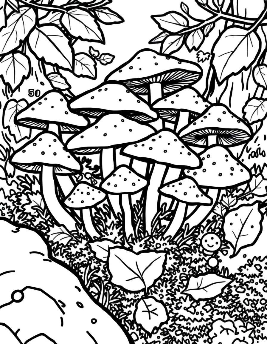 Cluster Of Forest Mushrooms black and white line art