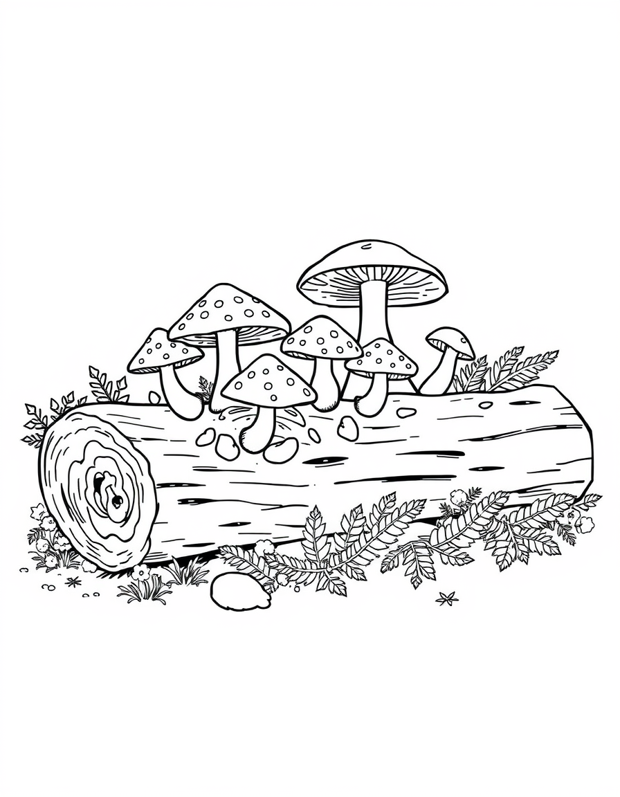 Mushrooms Growing On A Fallen Log black and white line art