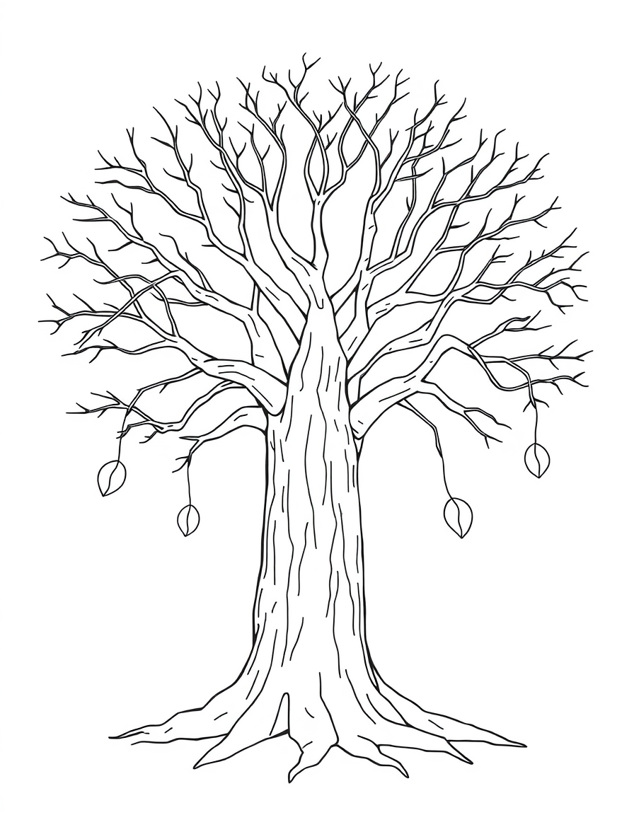 Coloring page of a bare tree with a thick patterned trunk and long empty branches spreading across the sheet