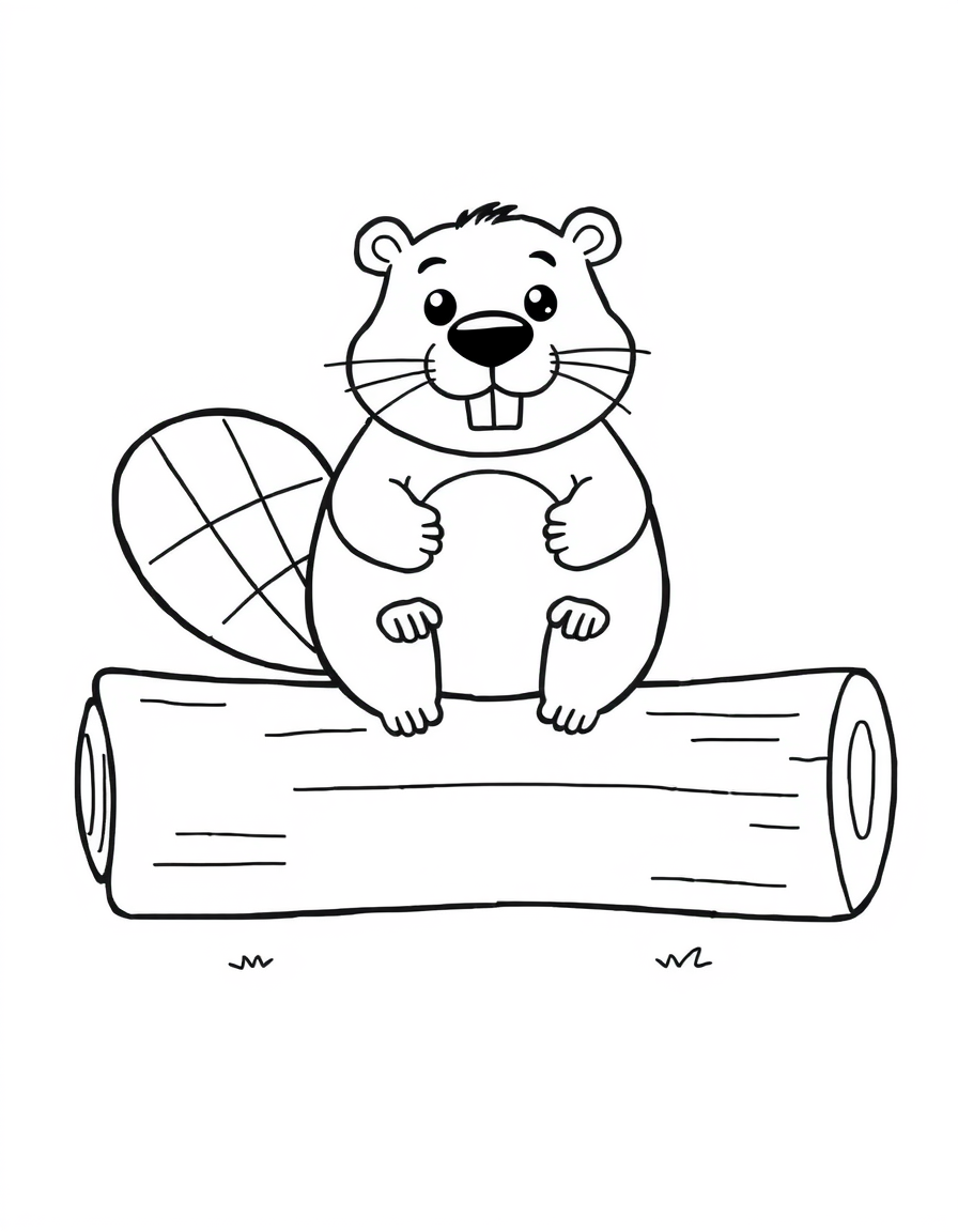 Coloring page of a smiling cartoon beaver sitting on a log with its wide flat tail hanging down behind it