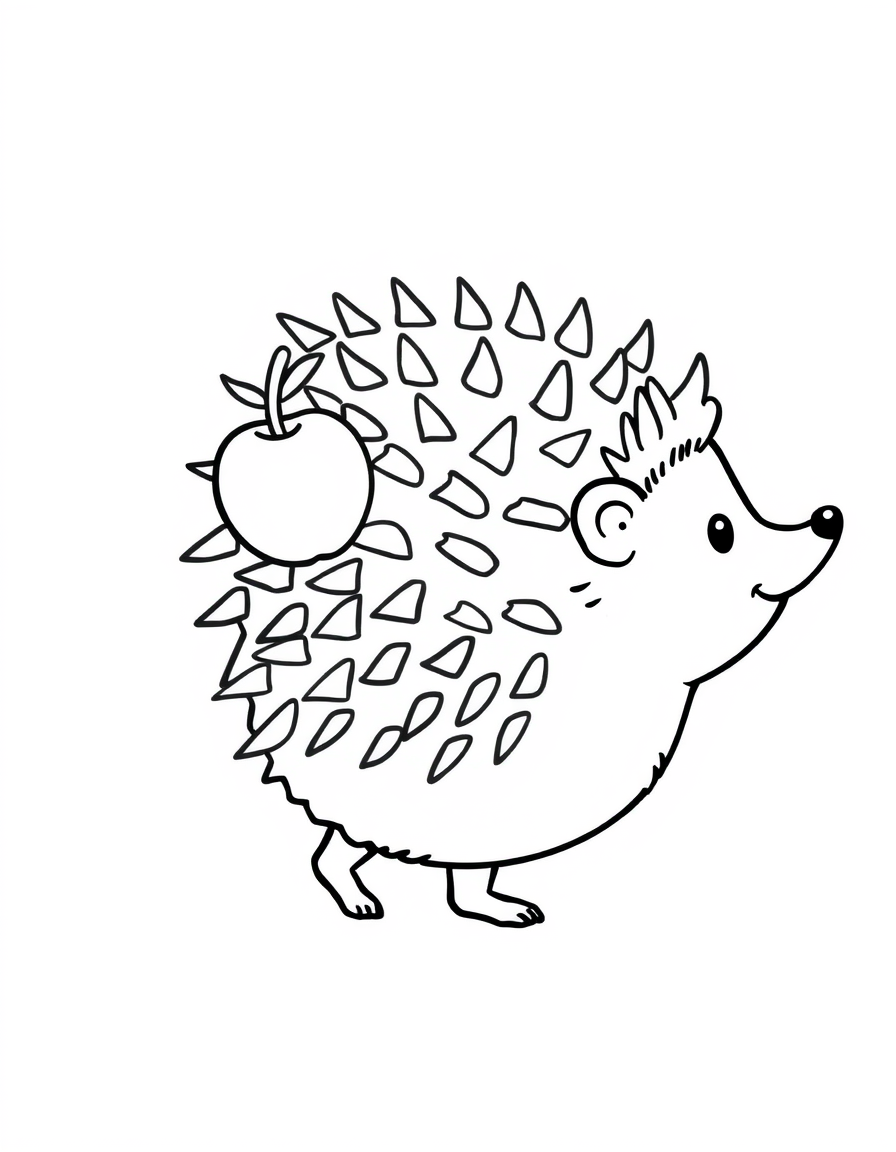 Coloring page of a small cartoon hedgehog walking with one round apple balanced among the spines on its back