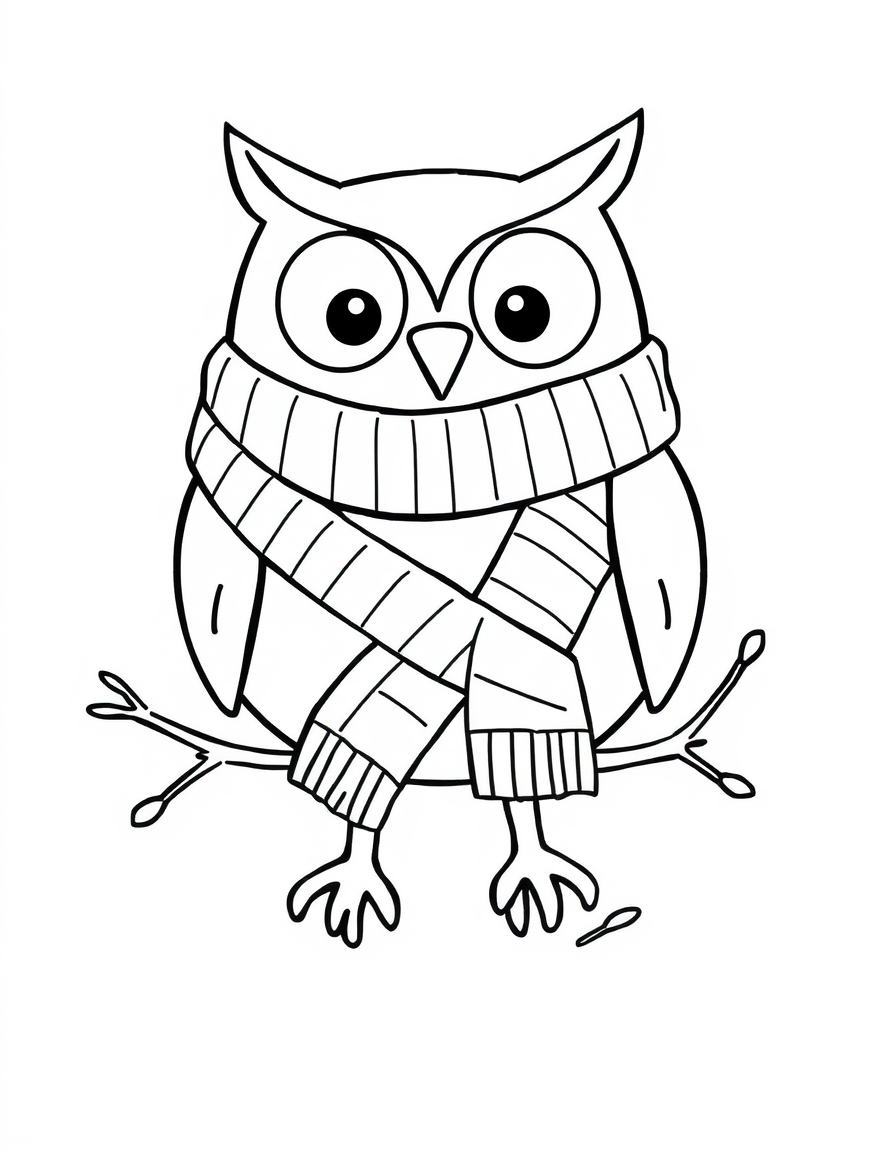 Coloring page of a round cartoon owl in a long knitted scarf perched on a bare branch