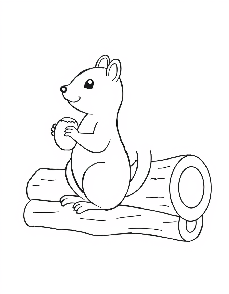 Coloring page of a chipmunk sitting up on a hollow log holding an acorn in both front paws