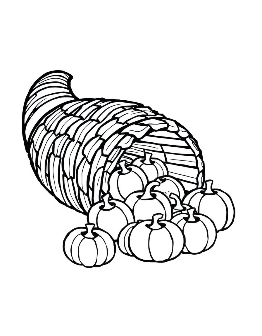 Cornucopia Spilling Pumpkins black and white line art