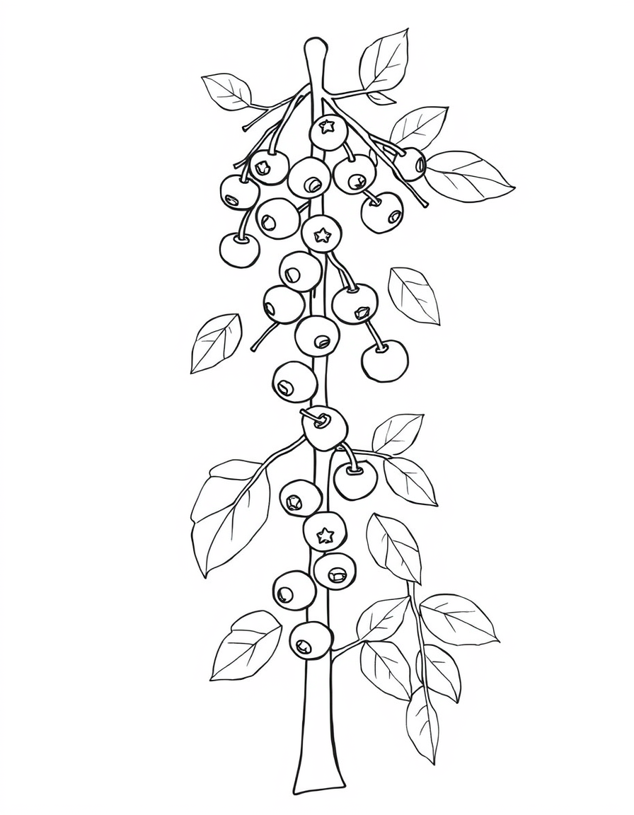 Coloring page of a cranberry branch with clusters of round berry outlines and pointed leaves along a curved stem