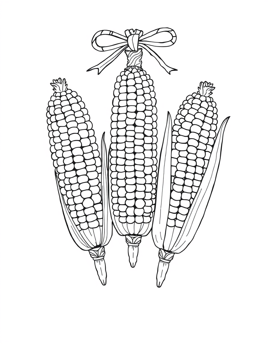 Coloring page of three ears of Indian corn with rows of open kernel outlines and long husks peeled back
