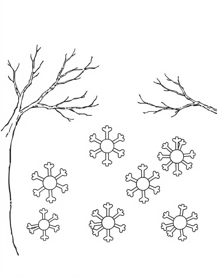 Coloring page of six large six-sided snowflakes falling around two bare branches crossing the sheet