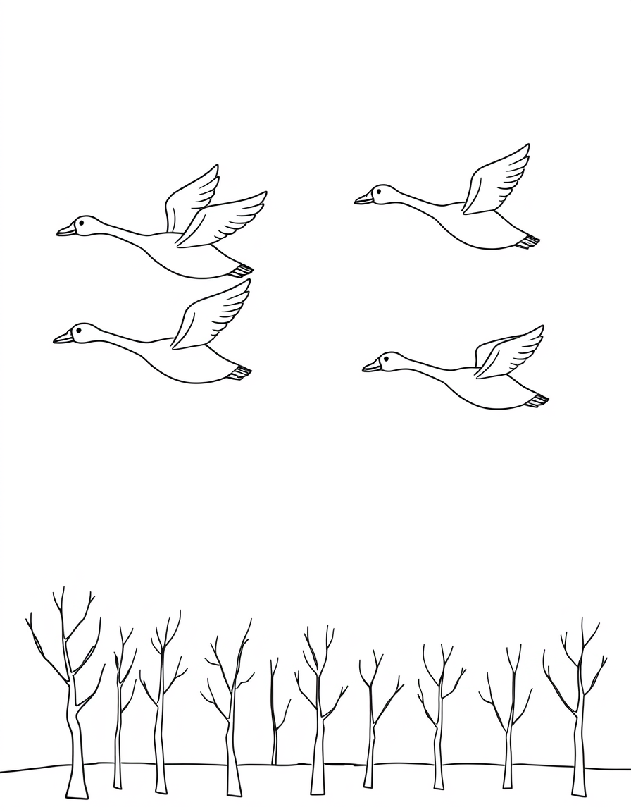 Coloring page of four geese flying with wings spread above a row of leafless trees