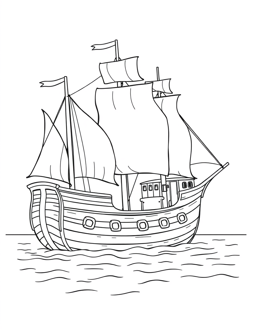 Coloring page of a tall wooden sailing ship with three masts, square sails and rows of plank outlines along the hull