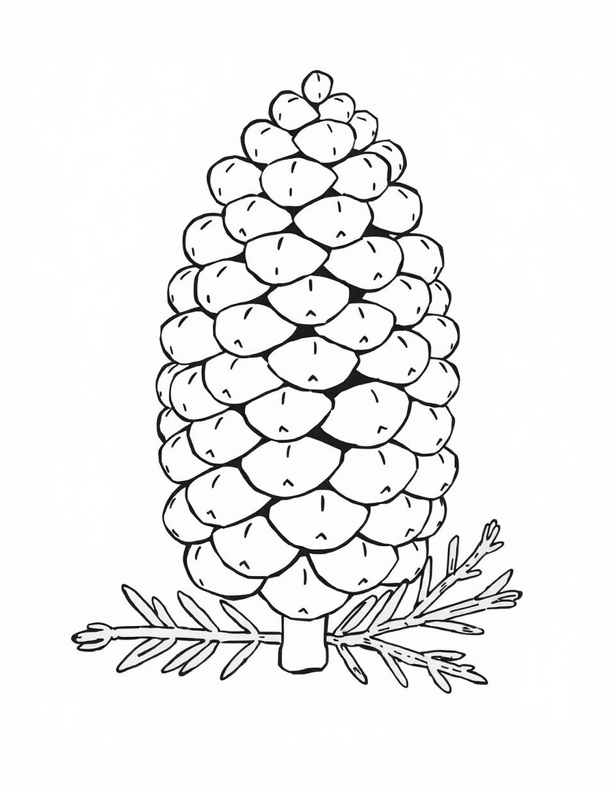 Coloring page of a large pinecone built from rows of open scale outlines with an evergreen sprig laid beside it