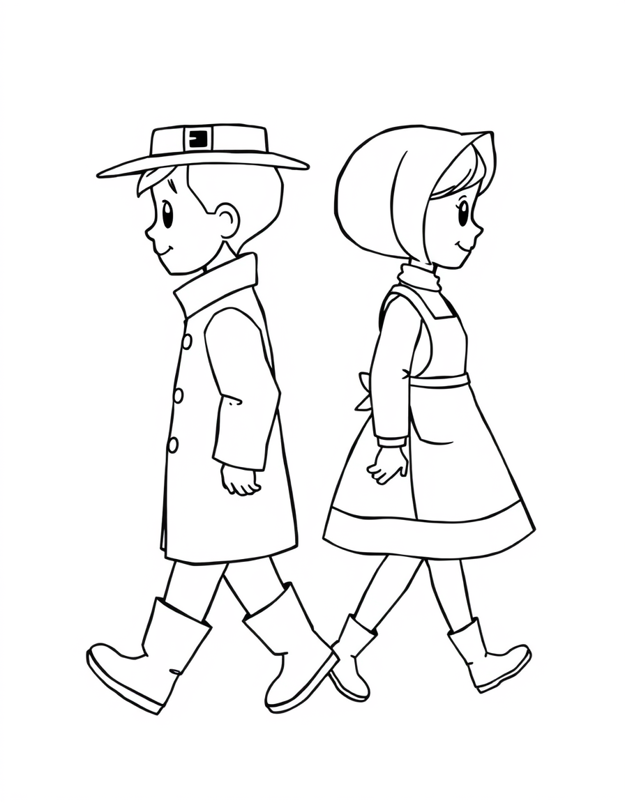 Coloring page of a pilgrim boy in a tall buckled hat and a pilgrim girl in a bonnet walking side by side