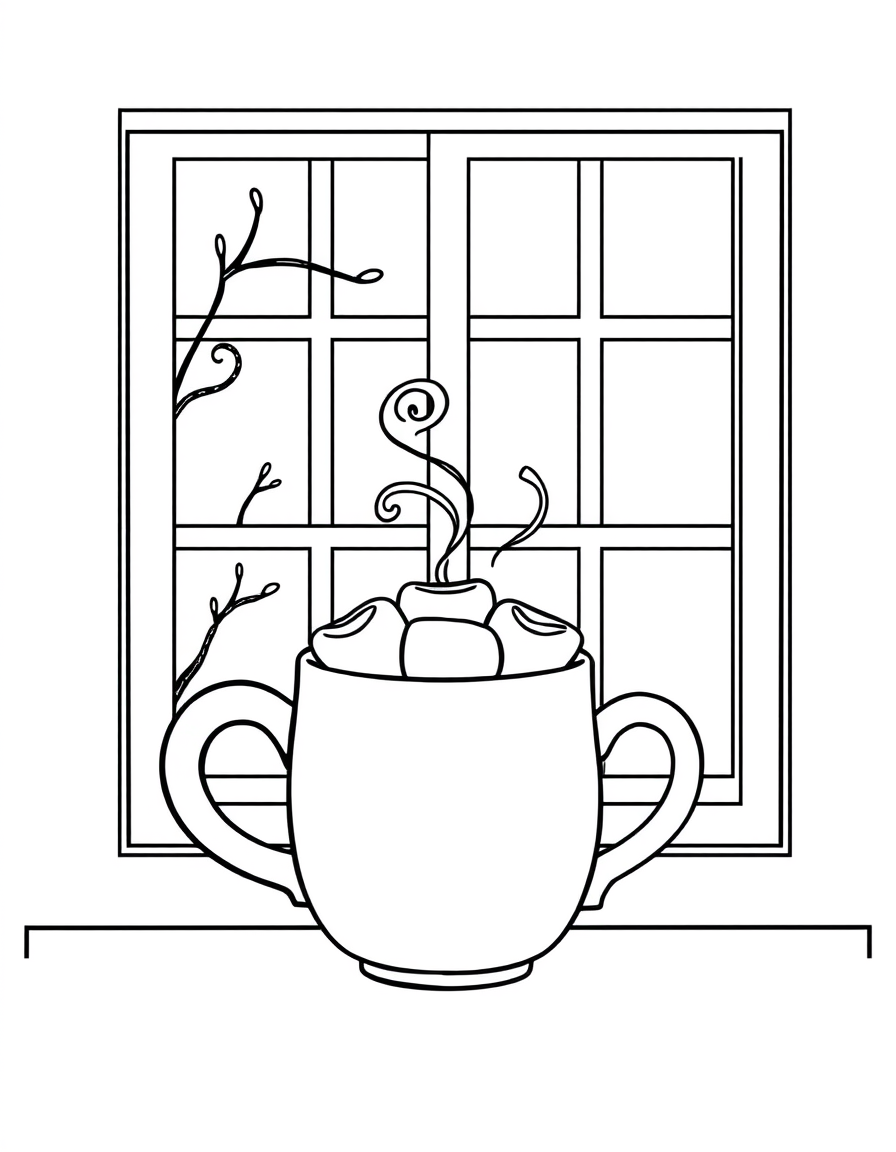 Coloring page of a wide mug of cocoa topped with marshmallows steaming on a windowsill beside a bare branch outside