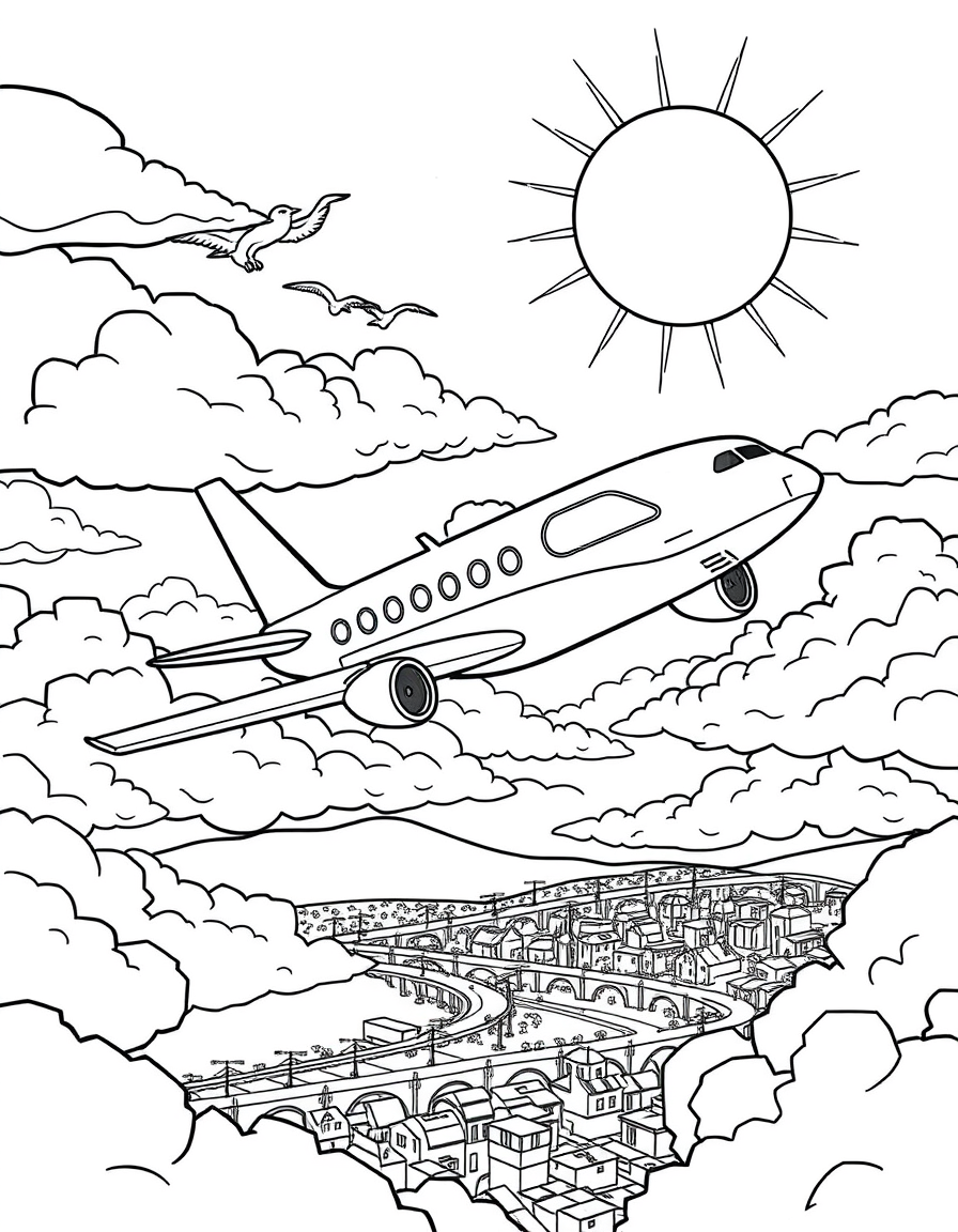 Airplane in Sky coloring page - free printable