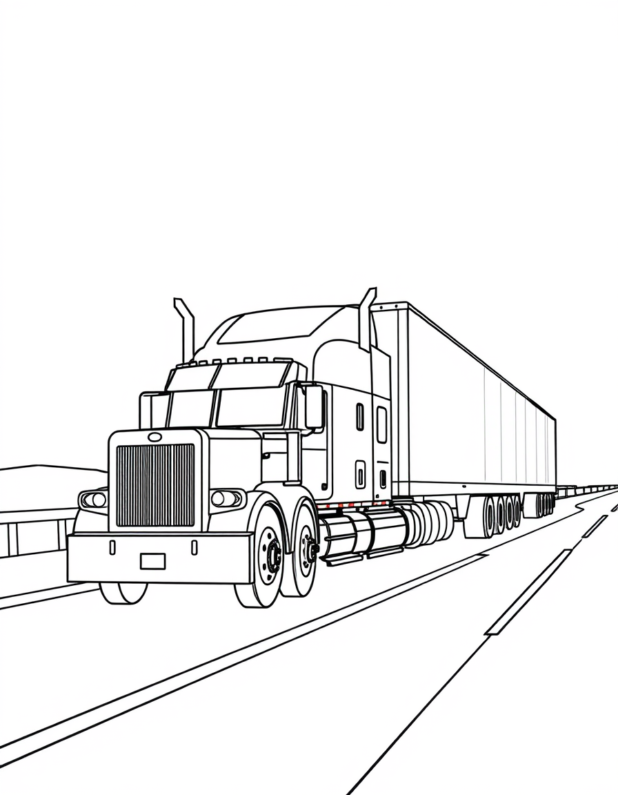Big Rig Semi Truck On The Highway black and white line art