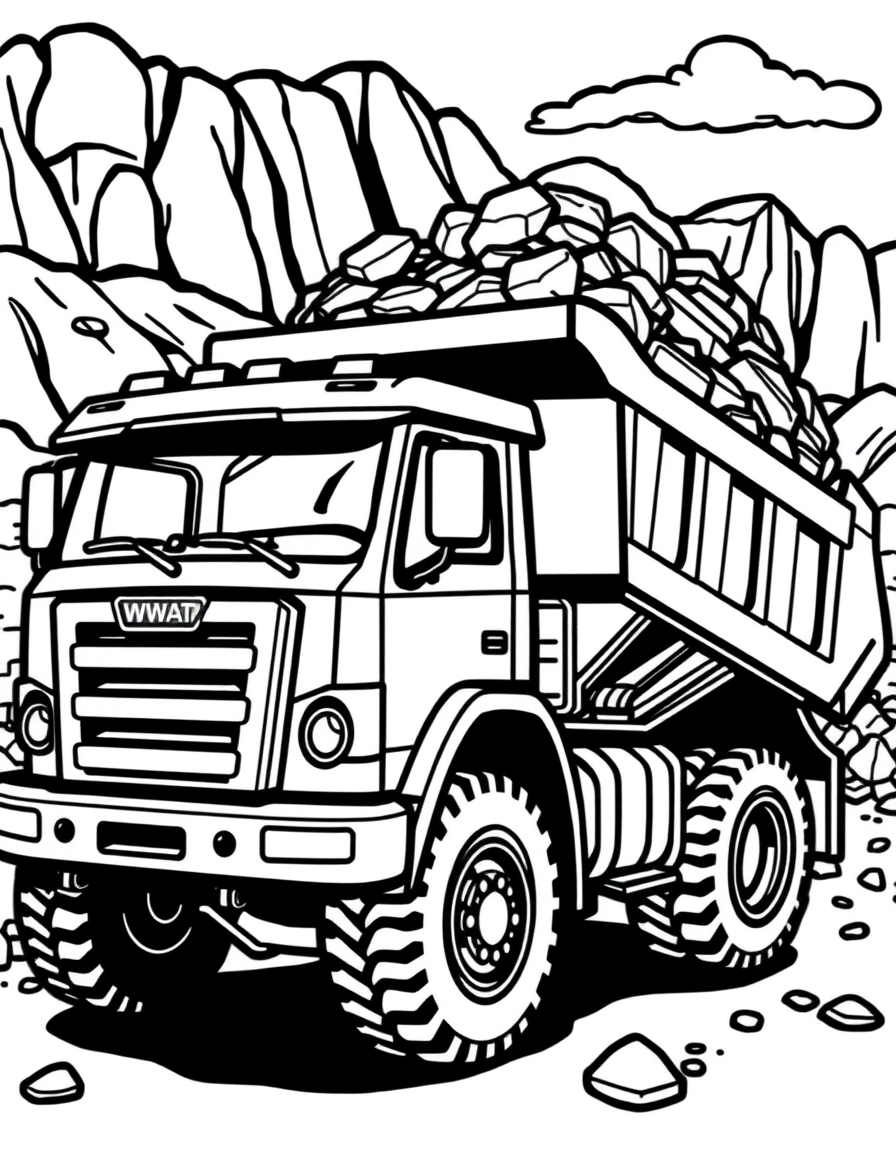 Dump Truck Tipping Its Load black and white line art