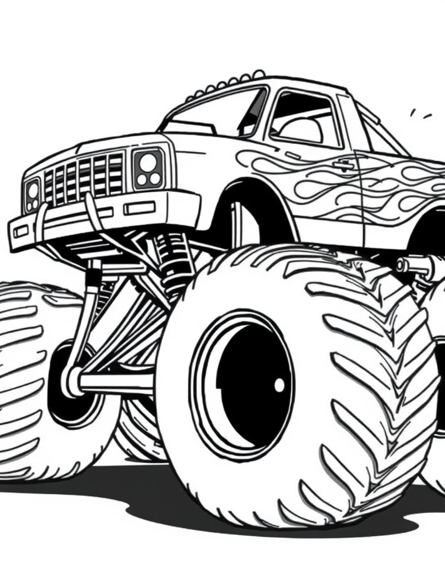Monster Truck With Flame Decals black and white line art