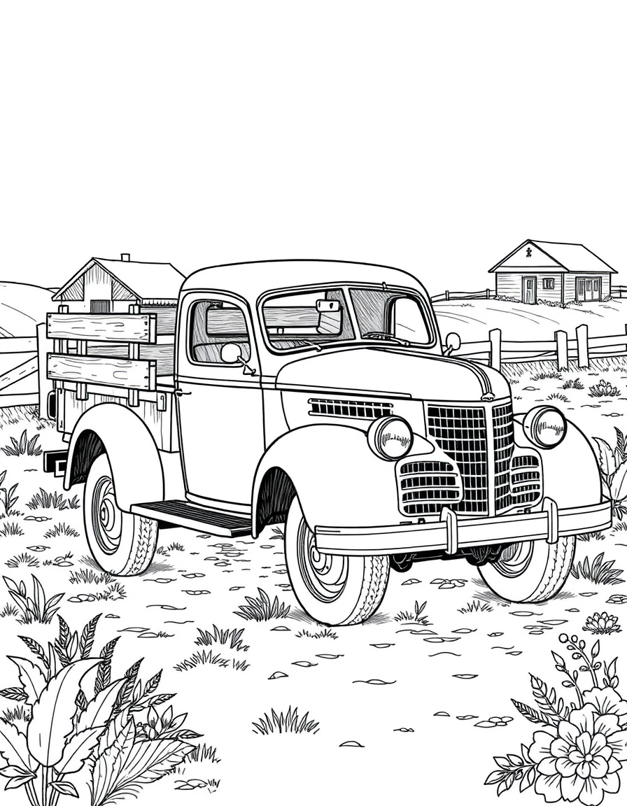Vintage Pickup Truck With Wooden Side Boards In A Farm Setting Coloring Page - free printable coloring page