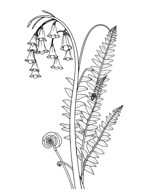 Art Nouveau Bluebells And Ferns Panel black and white line art