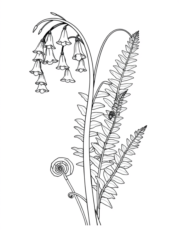 Art Nouveau Bluebells And Ferns Panel black and white line art