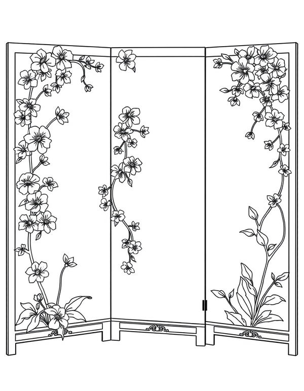 Art Nouveau Folding Screen With Flowering Branches black and white line art