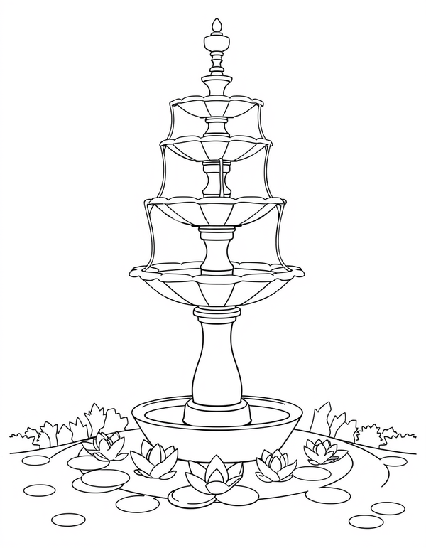 Art Nouveau Fountain With Water Lily Basins black and white line art