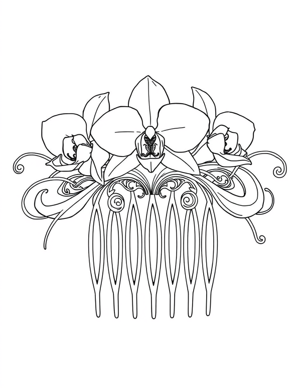 Art Nouveau Hair Comb With Orchid Blossoms black and white line art