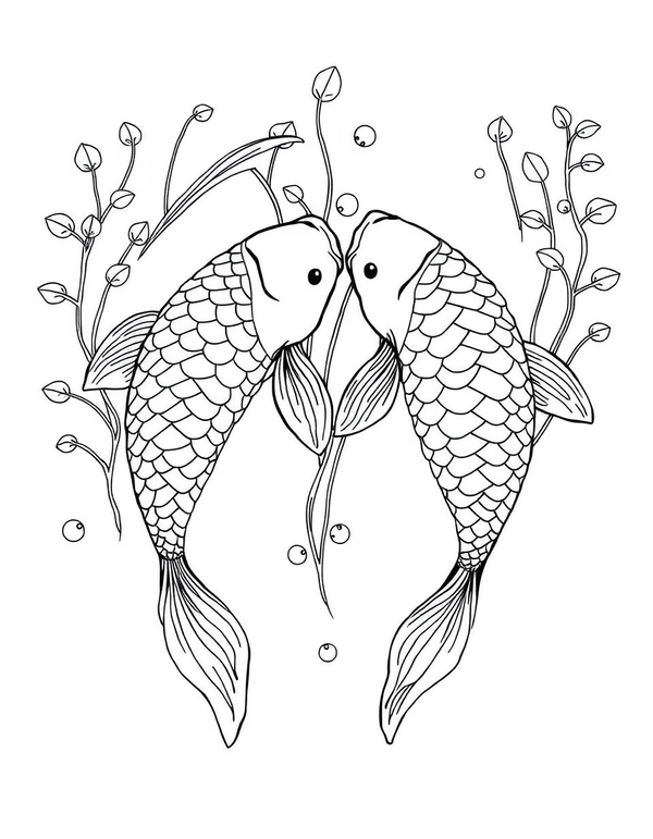 Art Nouveau Koi Fish Among Curling Water Plants black and white line art