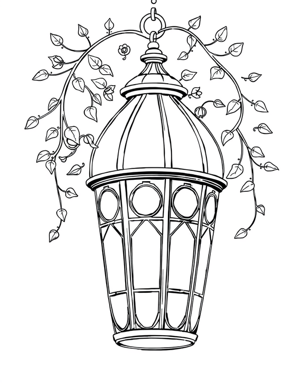Art Nouveau Lantern With Curling Vine Brackets black and white line art