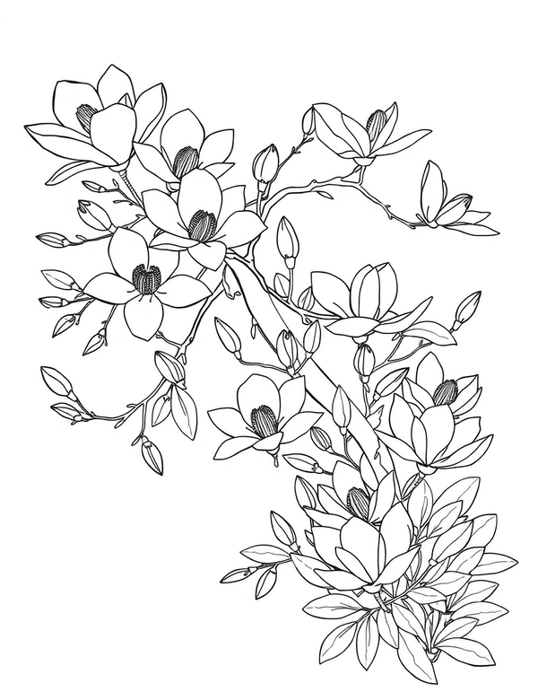 Art Nouveau Magnolia Blossoms With Sweeping Curves black and white line art