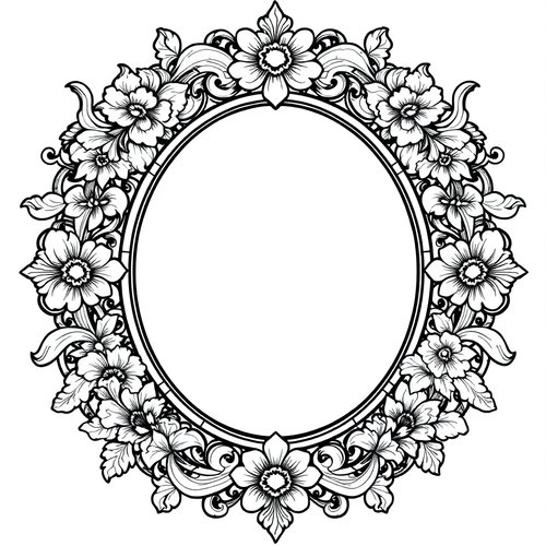Black and white coloring page of art nouveau mirror frame with flowing floral design