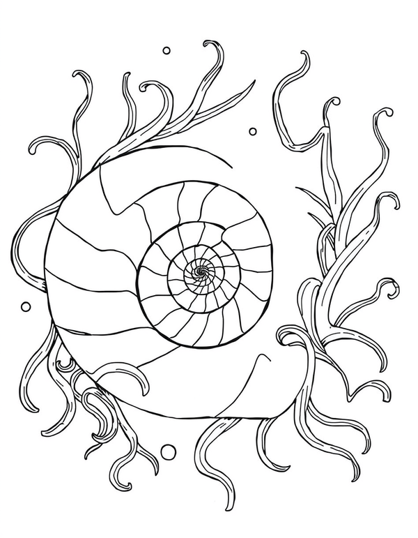 Art Nouveau Nautilus Shell With Spiraling Seaweed black and white line art