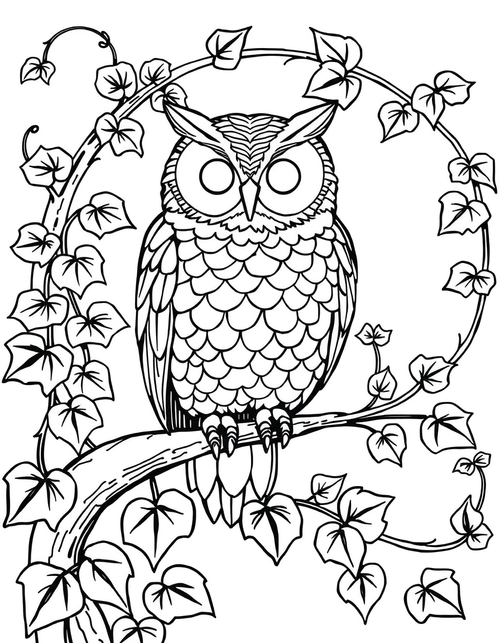 Art Nouveau Owl Perched Among Ivy black and white line art