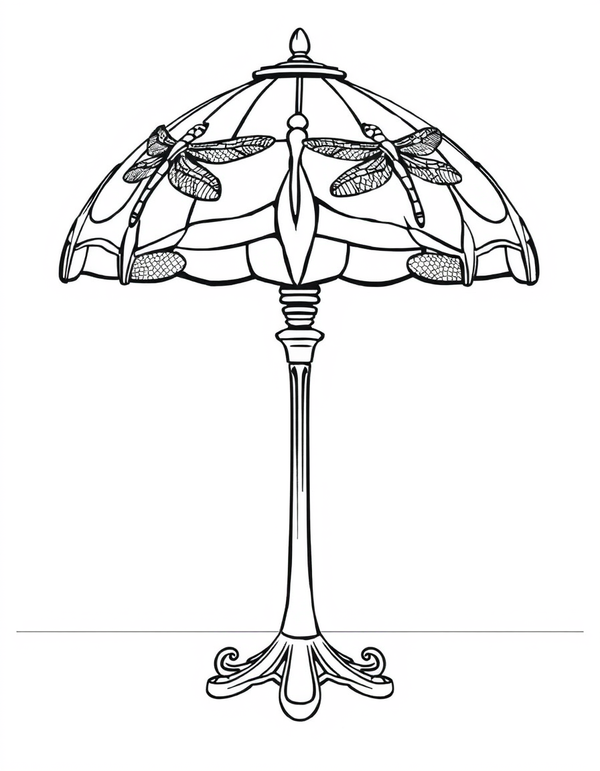 Art Nouveau Stained Glass Lamp With Dragonfly Shade black and white line art