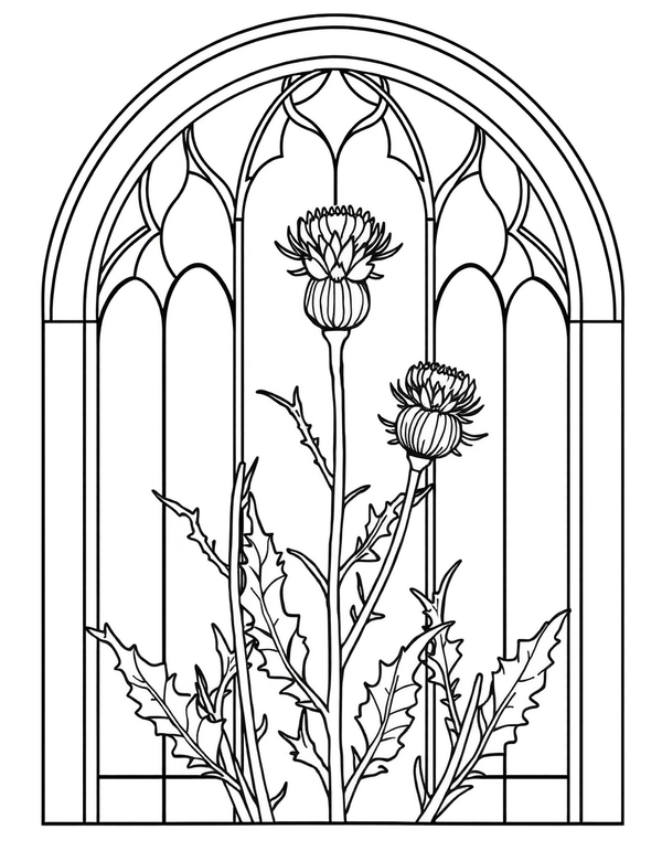 Art Nouveau Stained Glass Window With Thistles black and white line art